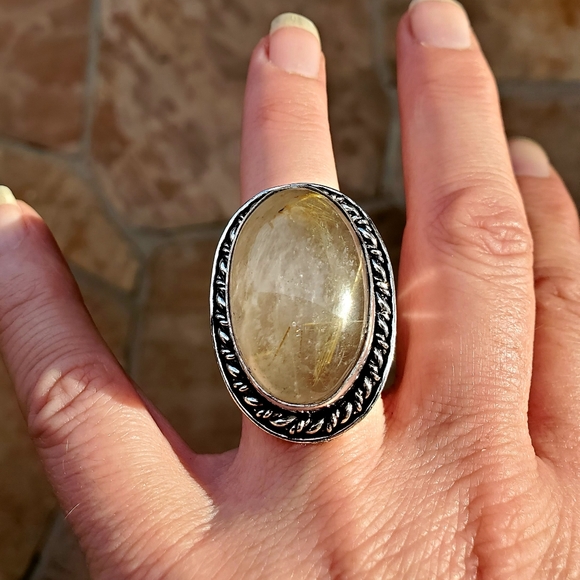 New Huge Golden Rutile Quartz 925 Silver Statement Ring. - Picture 5 of 16